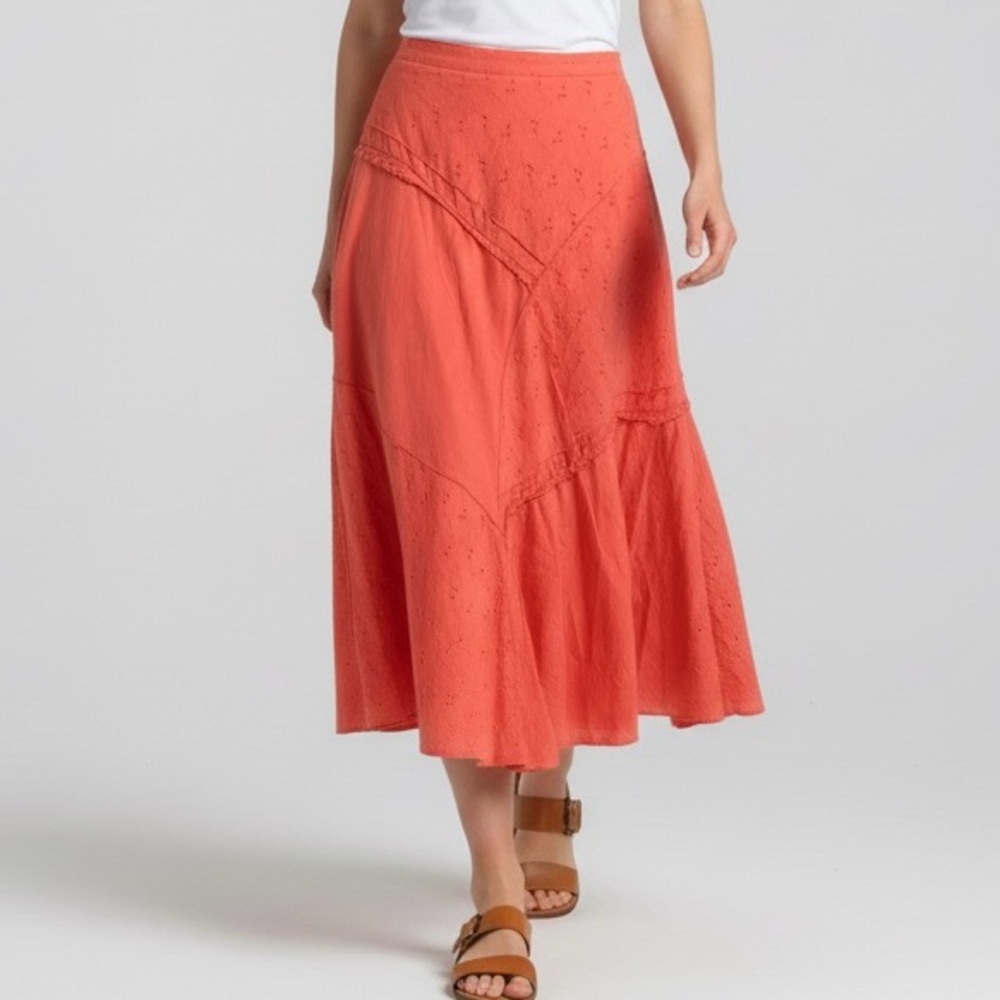 Linea Domain Coral Orange Tiered Laser Cut Eyelet Cotton Boho Midi Skirt 10